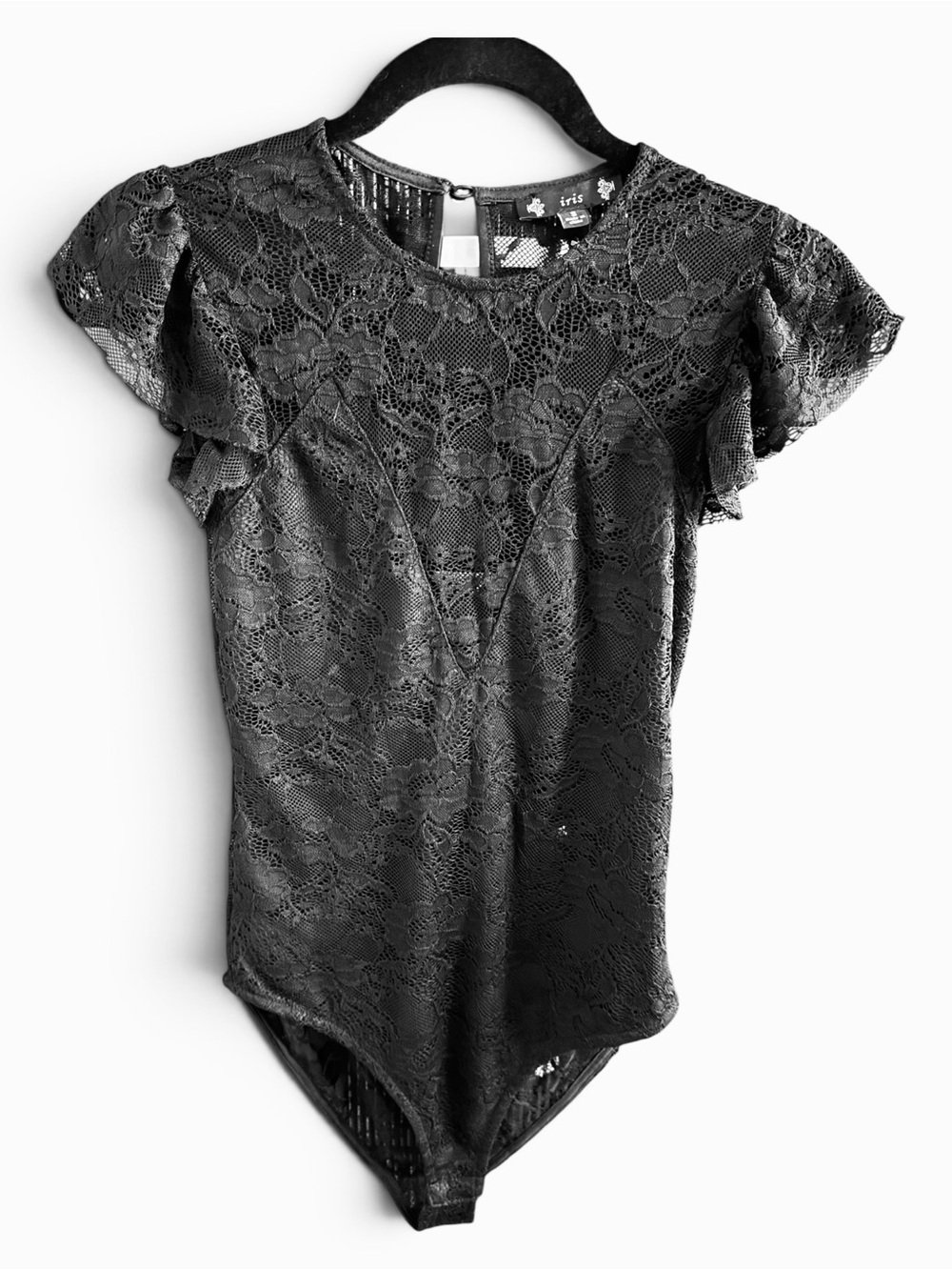 iris Black Floral Lace Ruffle-Sleeve Bodysuit